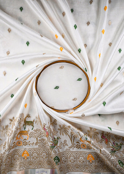 White Dyeable Silk Fabric With All Over Thread And Zari Handloom With One Side Border 25942
