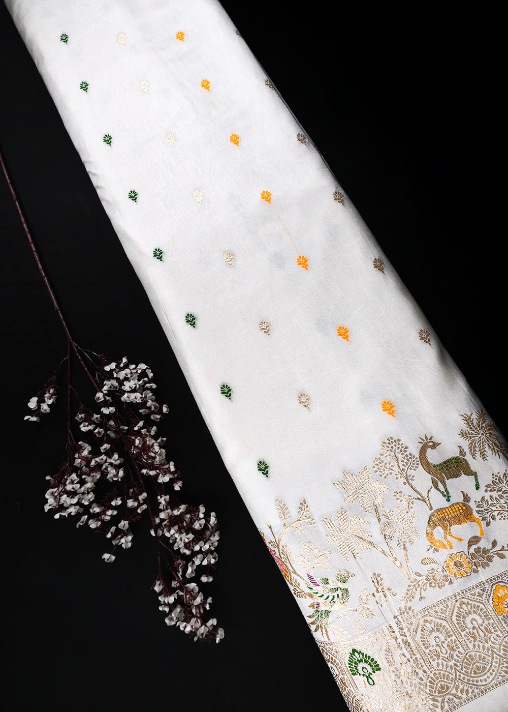 White Dyeable Silk Fabric With All Over Thread And Zari Handloom With One Side Border 25942