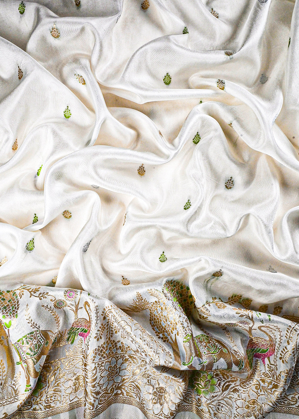White Dyeable Silk Fabric With All Over Thread And Zari Handloom With One Side Border 25943
