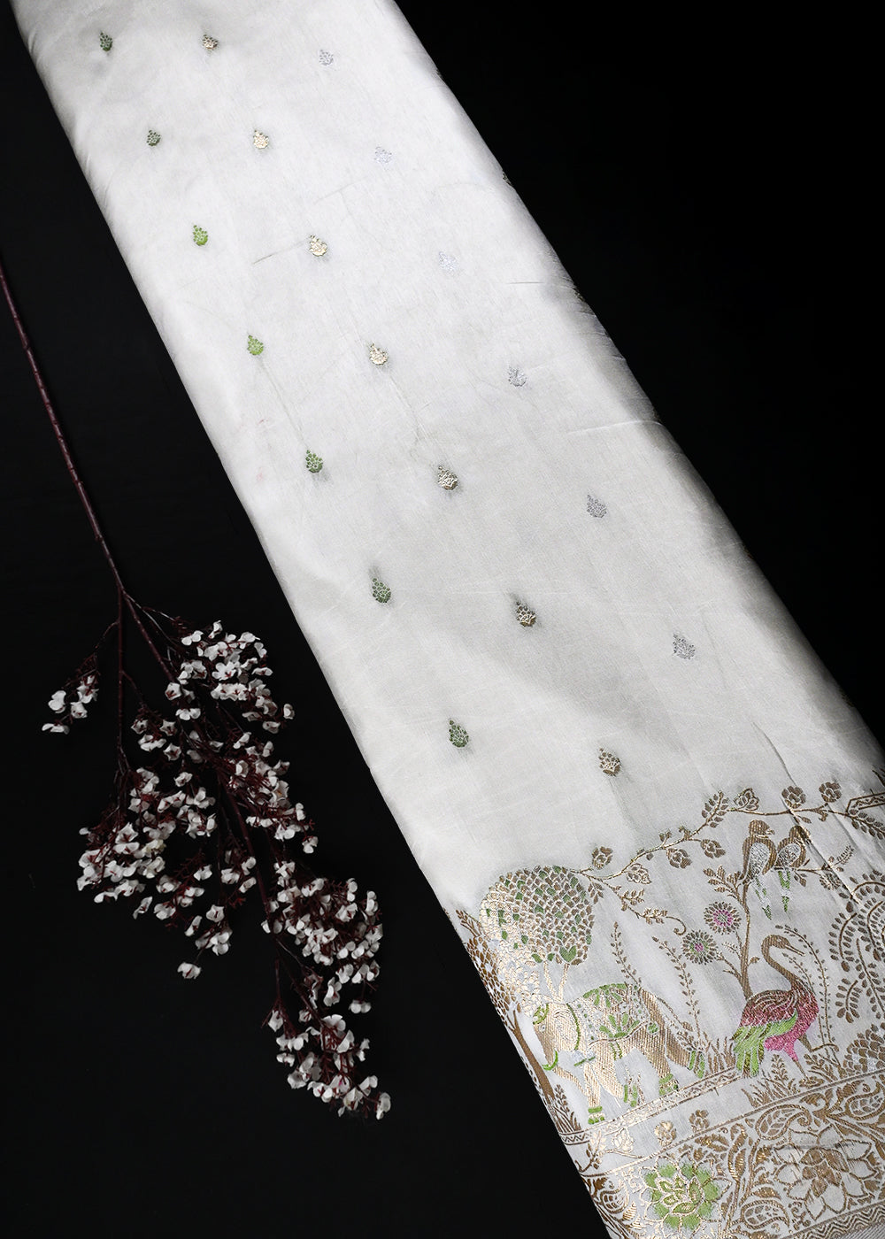 White Dyeable Silk Fabric With All Over Thread And Zari Handloom With One Side Border 25943