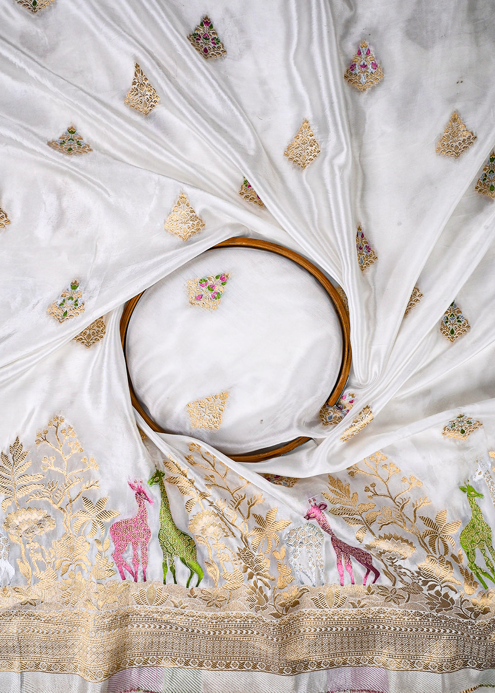 White Dyeable Silk Fabric With All Over Thread And Zari Handloom With One Side Border 25944