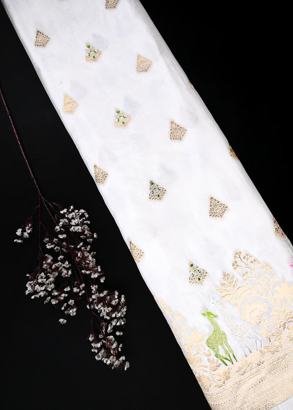 White Dyeable Silk Fabric With All Over Thread And Zari Handloom With One Side Border 25944