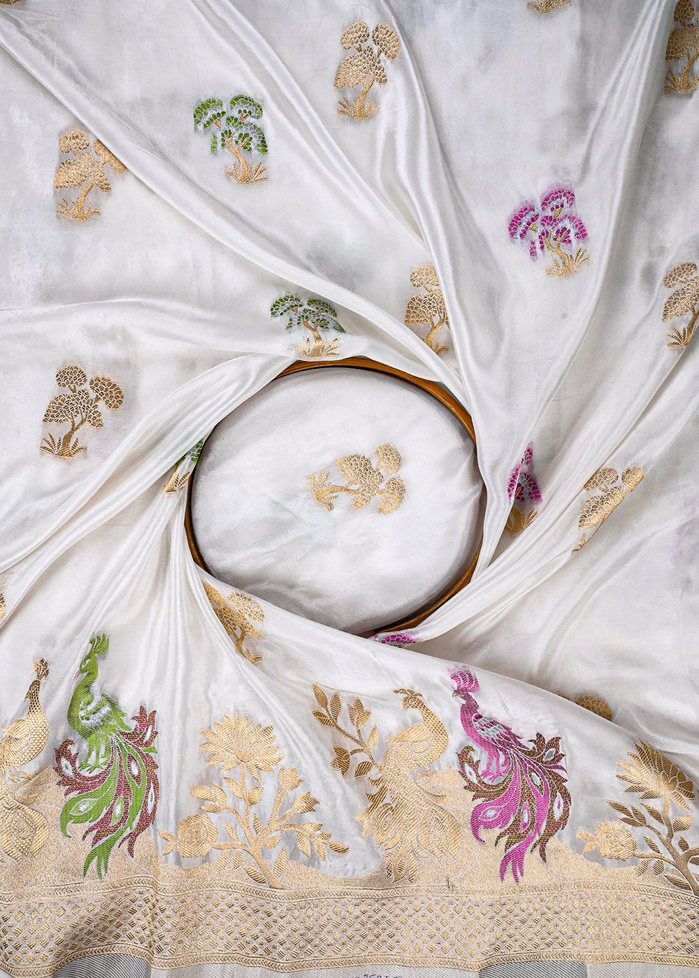 White Dyeable Silk Fabric With All Over Thread And Zari Handloom With One Side Border 25945