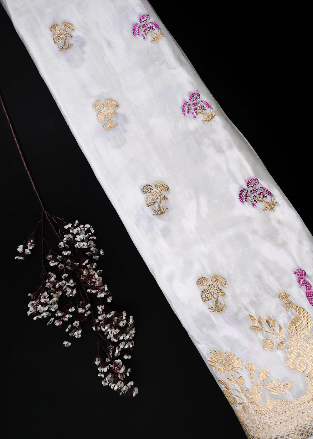 White Dyeable Silk Fabric With All Over Thread And Zari Handloom With One Side Border 25945