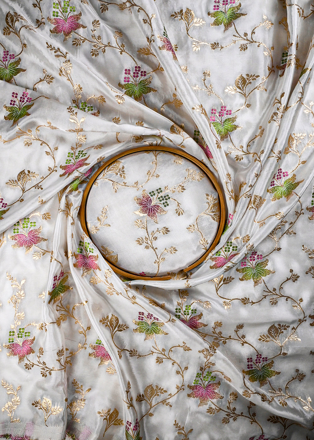 White Dyeable Silk Fabric With All Over Thread And Zari Handloom With One Side Border 25954