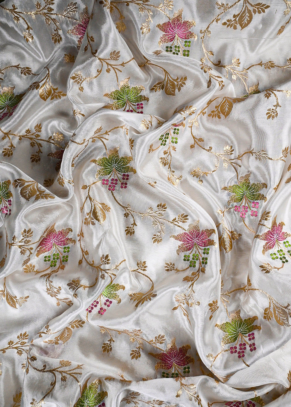 White Dyeable Silk Fabric With All Over Thread And Zari Handloom With One Side Border 25954