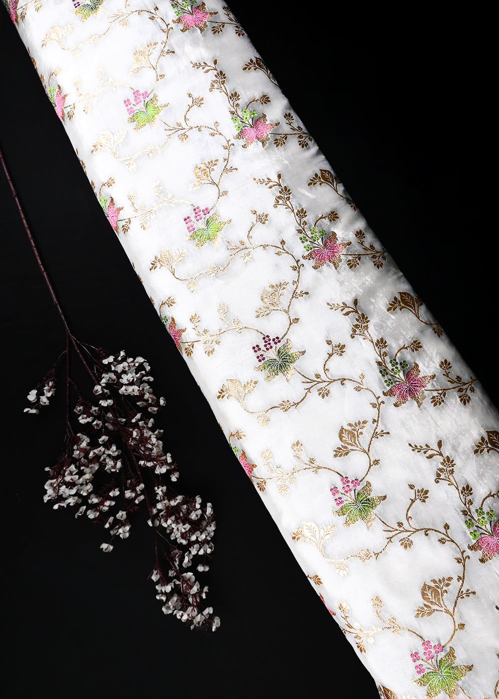 White Dyeable Silk Fabric With All Over Thread And Zari Handloom With One Side Border 25954