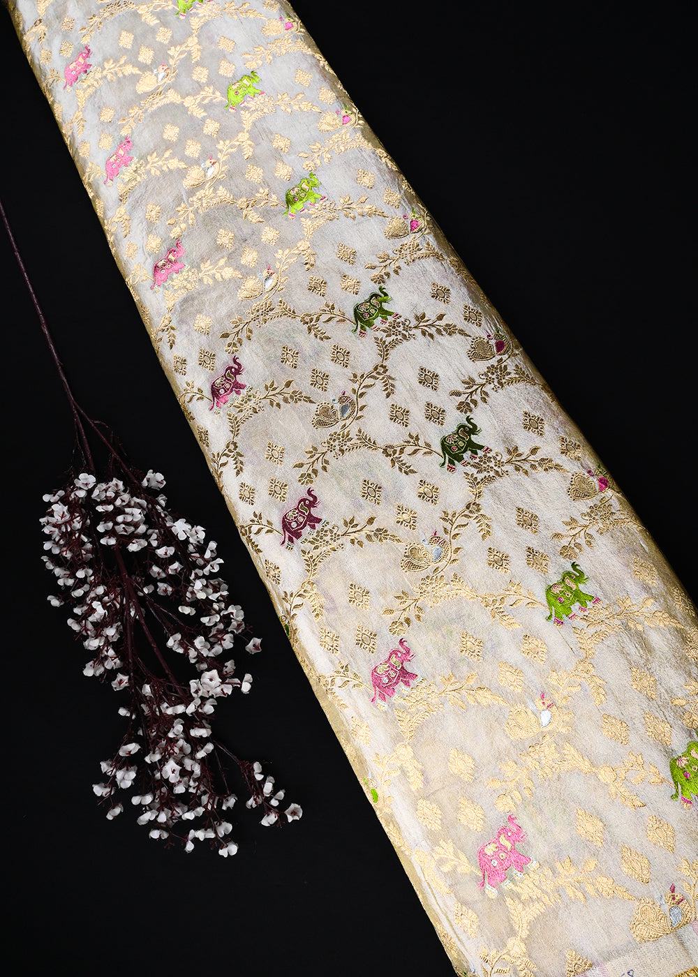 Golden Dyeable Tissue Fabric With All Over Thread And Zari Handloom With One Side Border 25958