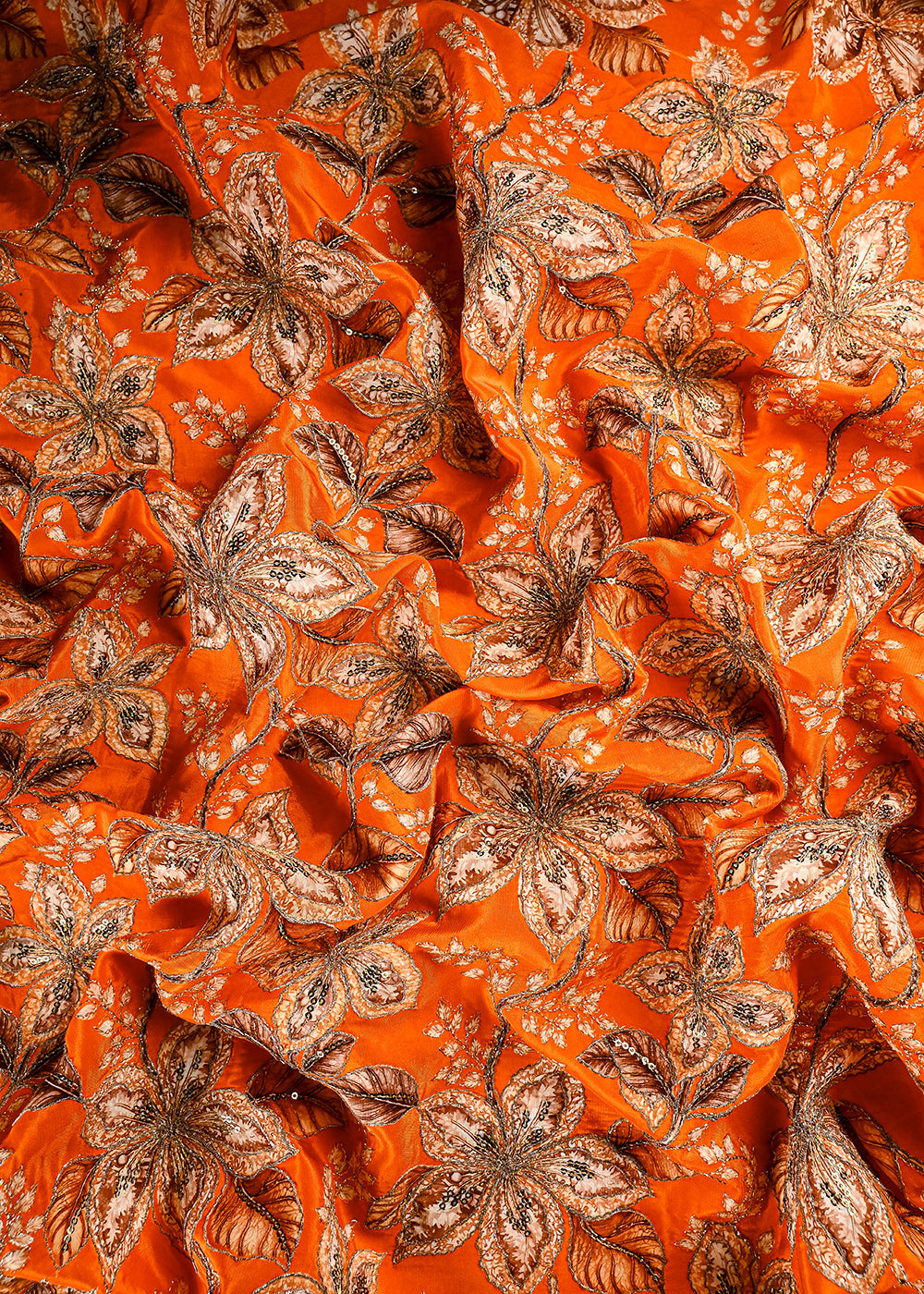 Orange Crepe Fabric With All Over Zari And Sequins Work 25968