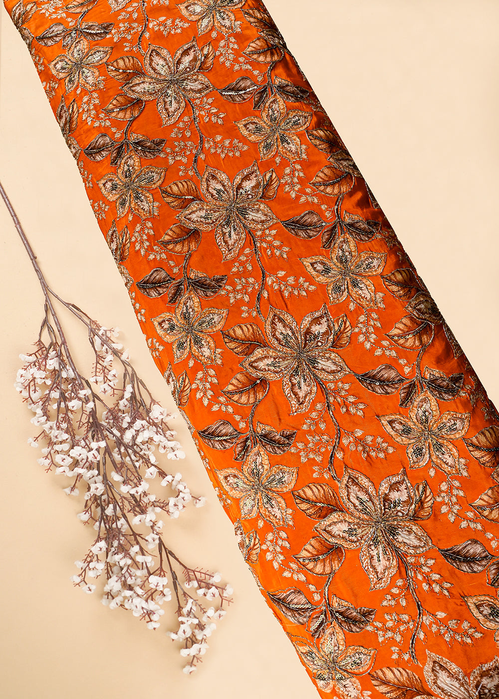 Orange Crepe Fabric With All Over Zari And Sequins Work 25968