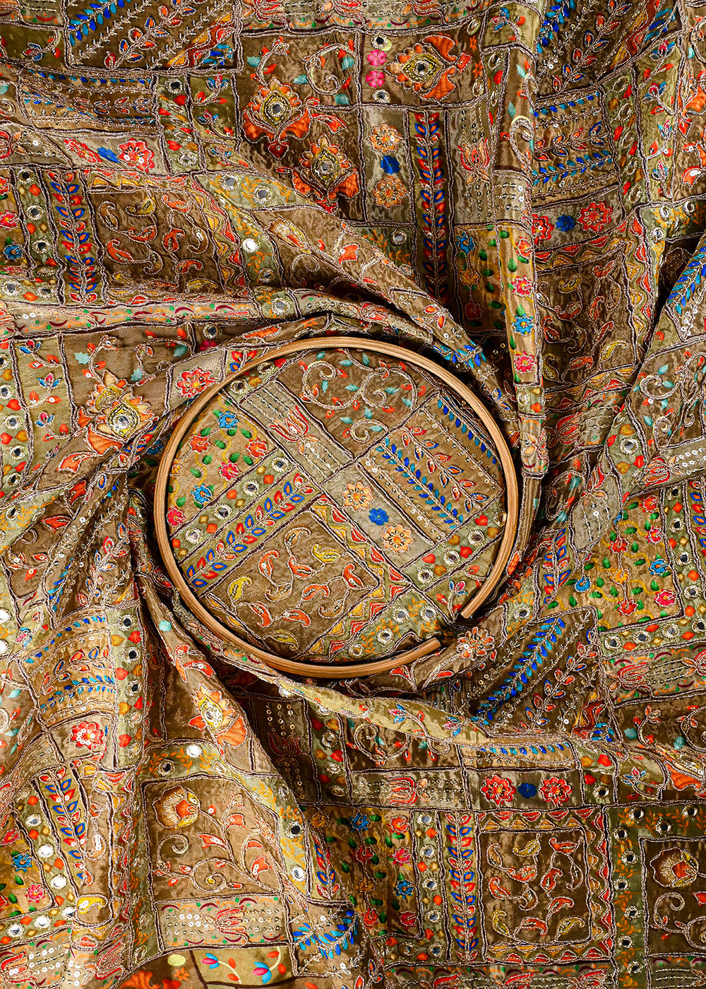 Olive Crepe Fabric With All Over Zari And Sequins Work 25975