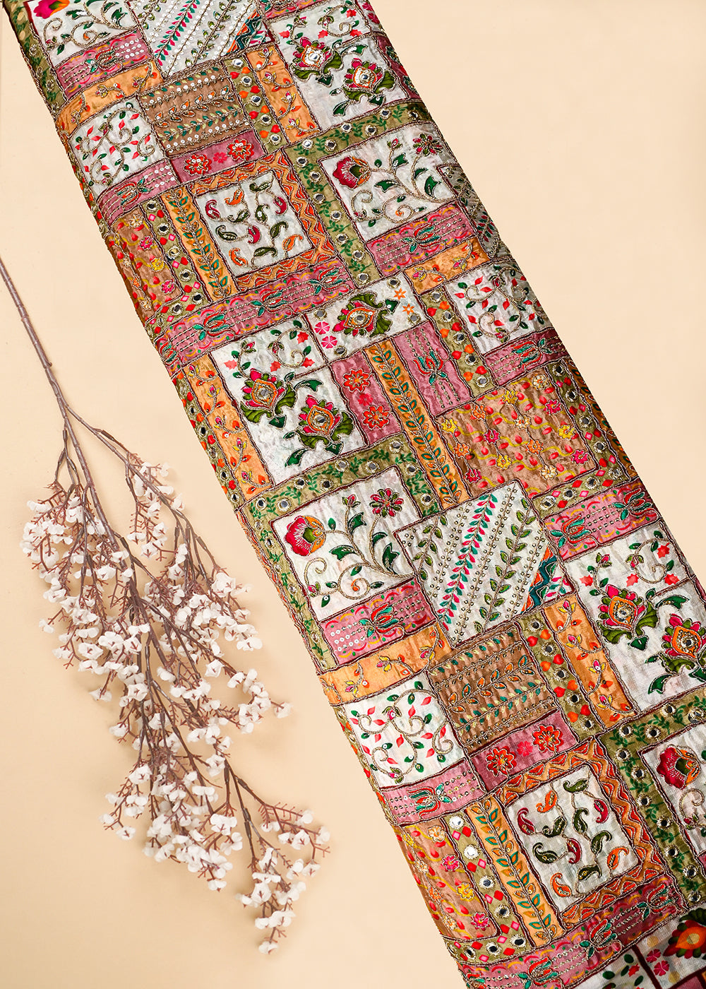 Cream Crepe Fabric With All Over Zari And Sequins Work 25977