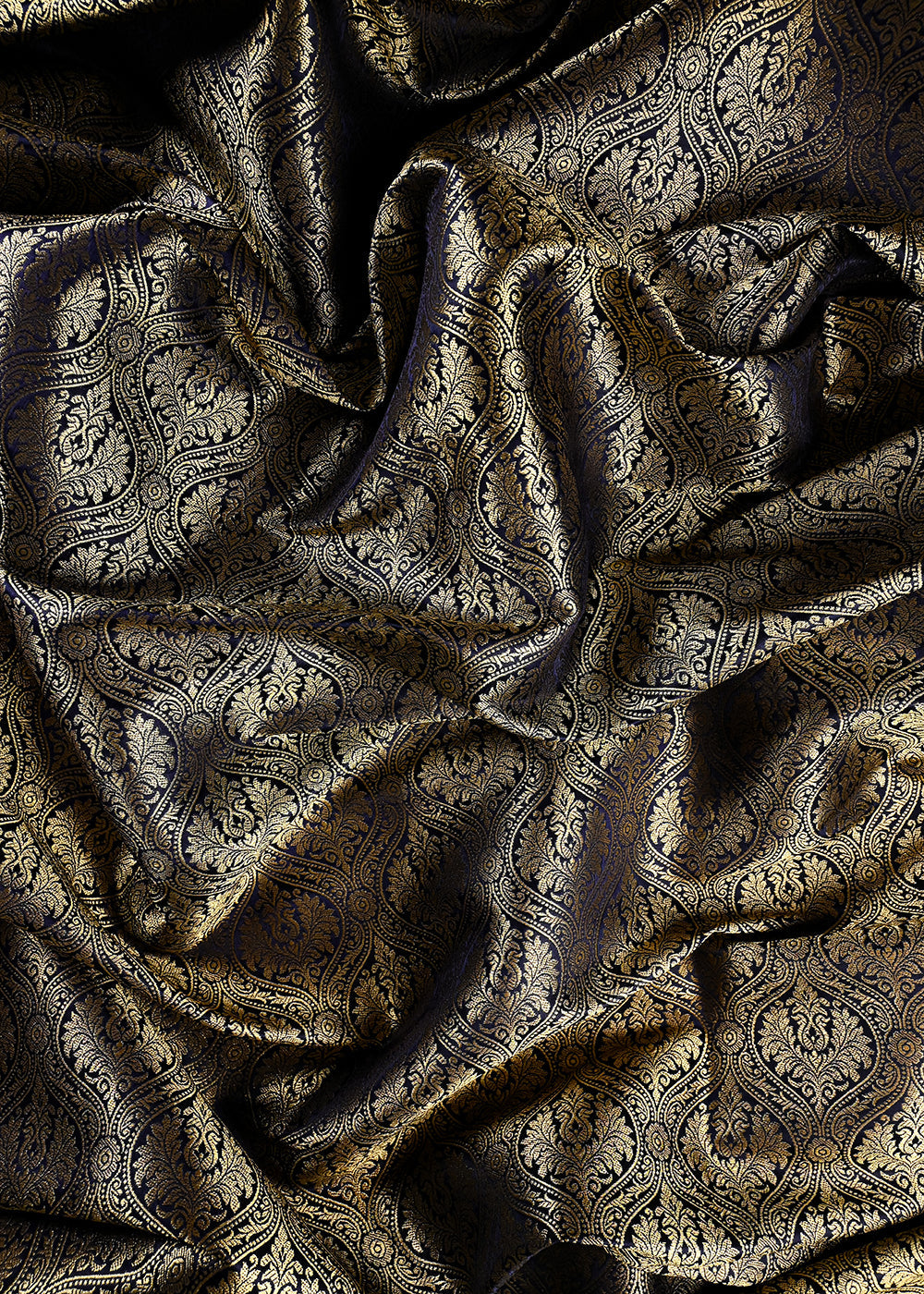 Navy Blue Banarasi Brocade Fabric With All Over Zari Handloom 25978