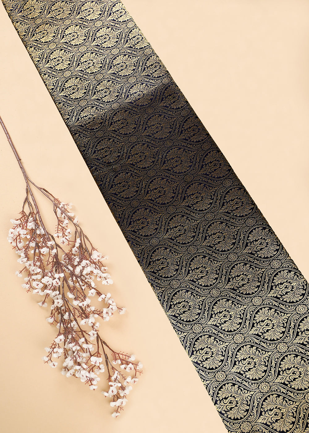 Navy Blue Banarasi Brocade Fabric With All Over Zari Handloom 25978