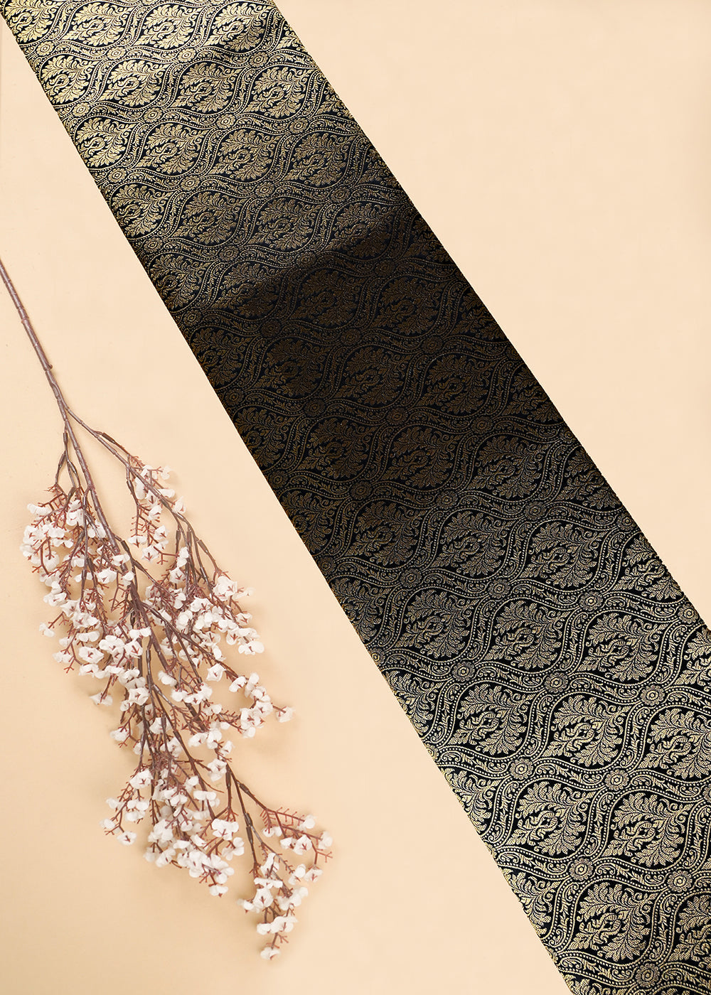 Black Banarasi Brocade Fabric With All Over Zari Handloom 25979