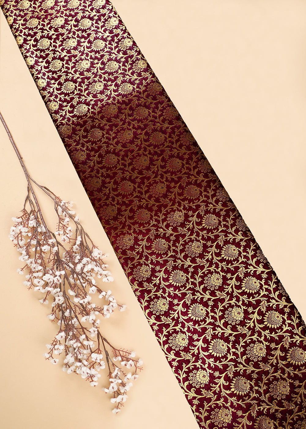 Wine Banarasi Brocade Fabric With All Over Thread And Zari Handloom 25998