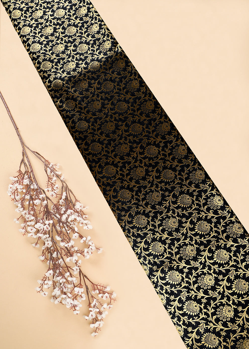 Black Banarasi Brocade Fabric With All Over Thread And Zari Handloom 25999