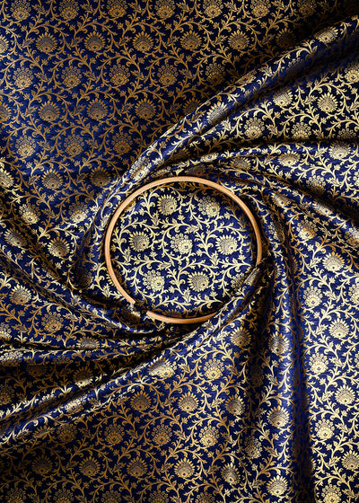Navy Blue Banarasi Brocade Fabric With All Over Thread And Zari Handloom 26004