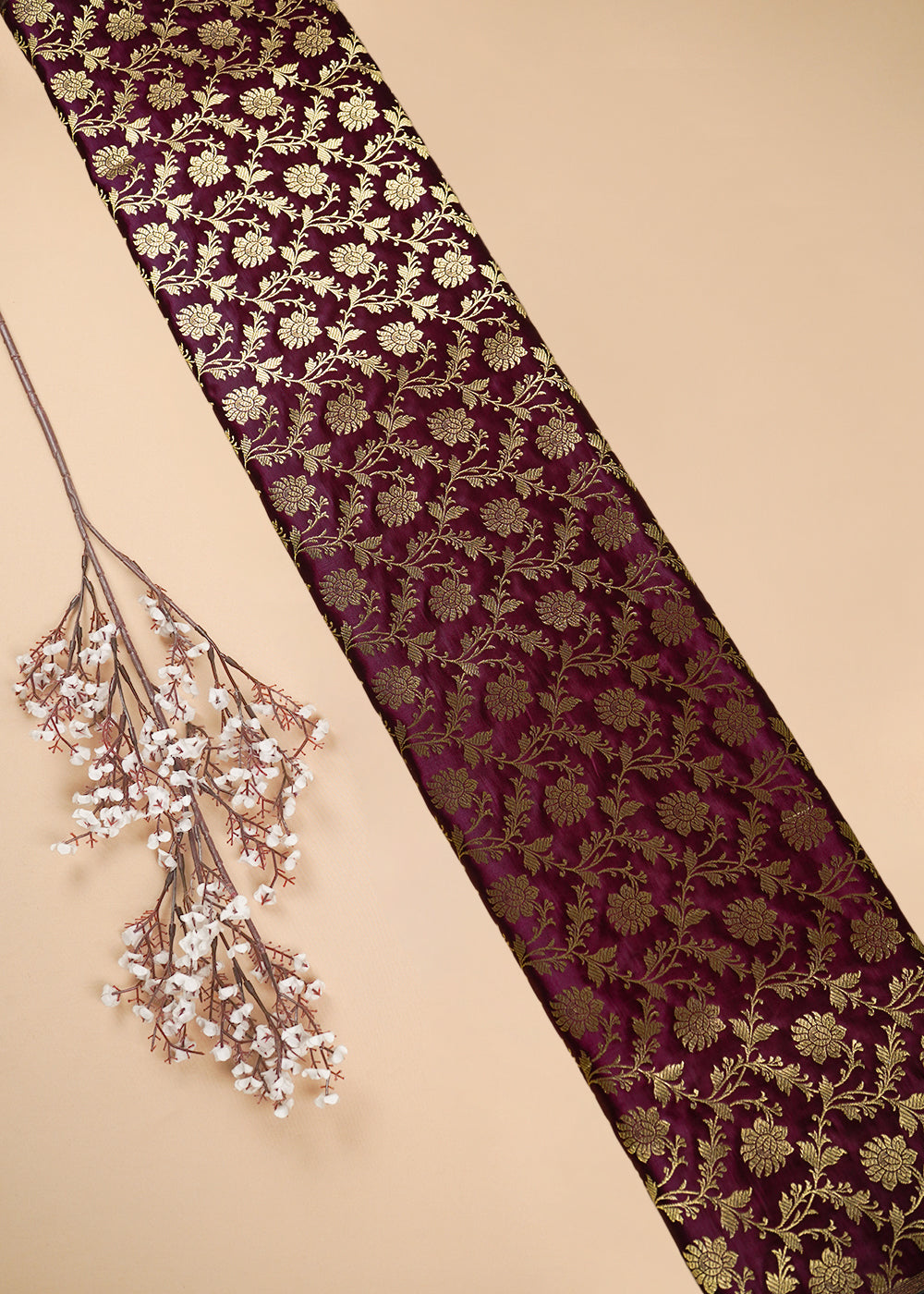 Wine Banarasi Brocade Fabric With All Over Zari Handloom 26009