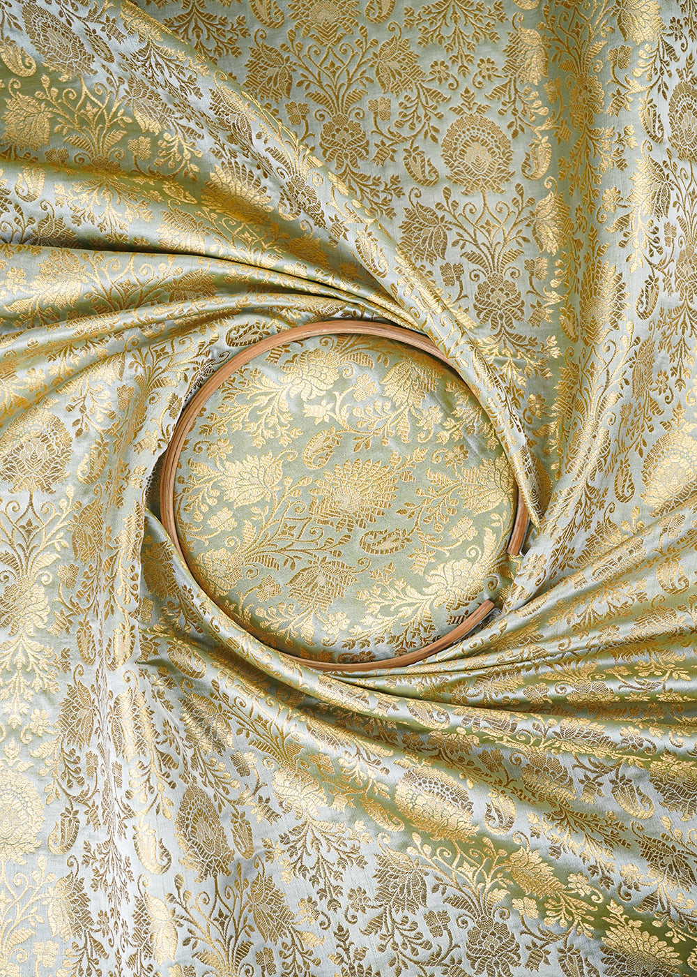 Mint Green Banarasi Brocade Fabric With All Over Zari Handloom 26024