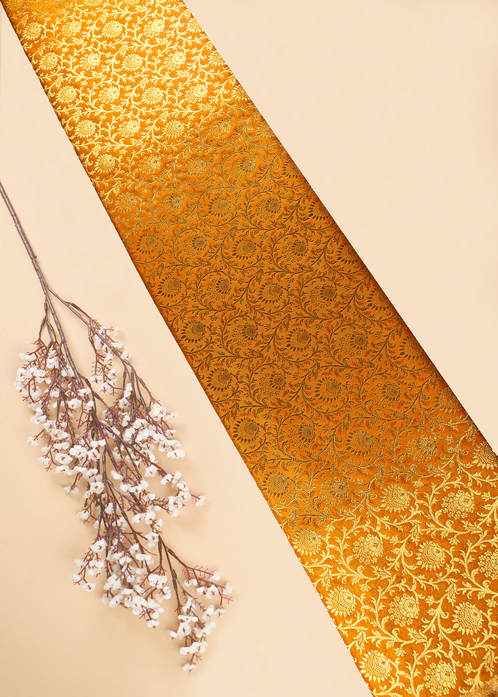 Mustard Banarasi Brocade Fabric With All Over Thread And Zari Handloom 26026
