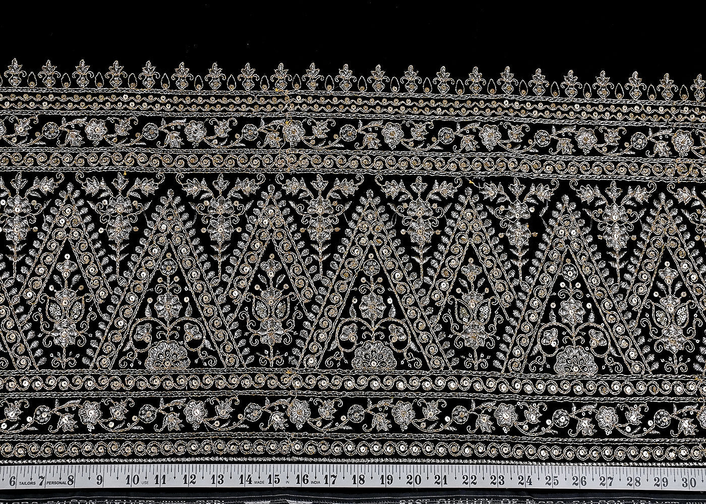 (Pre-Cut 1 MTR) Black Velvet Fabric With One Side Zari And Sequins Border 26051