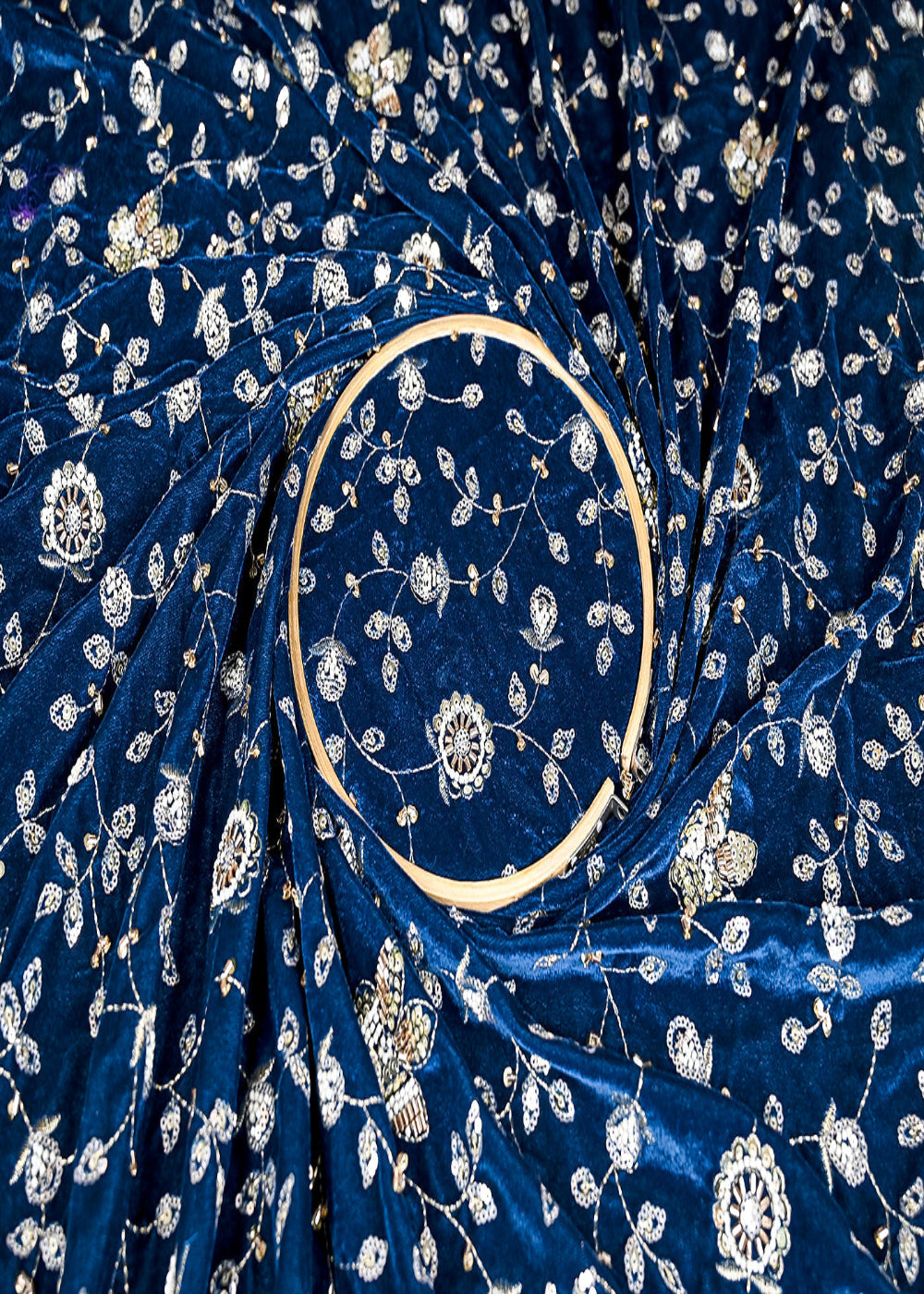 (Pre-Cut 1 MTR) Teal Blue Velvet Fabric With All Over Sequins, Bead, Katdana And Zari  26080