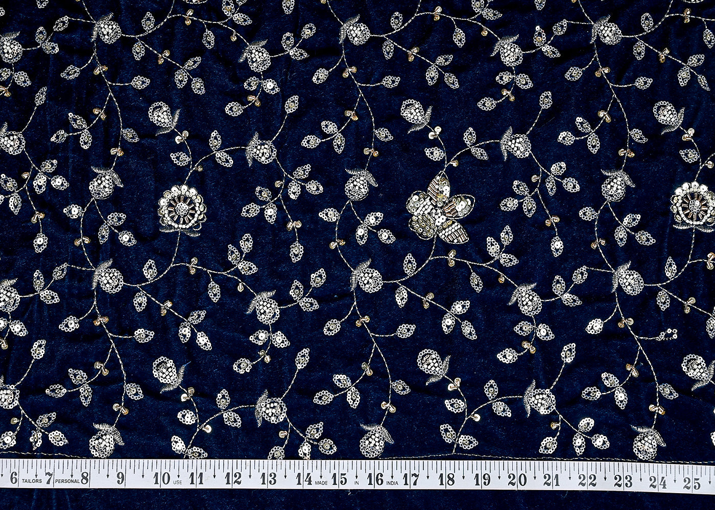 (Pre-Cut 1 MTR) Teal Blue Velvet Fabric With All Over Sequins, Bead, Katdana And Zari  26080