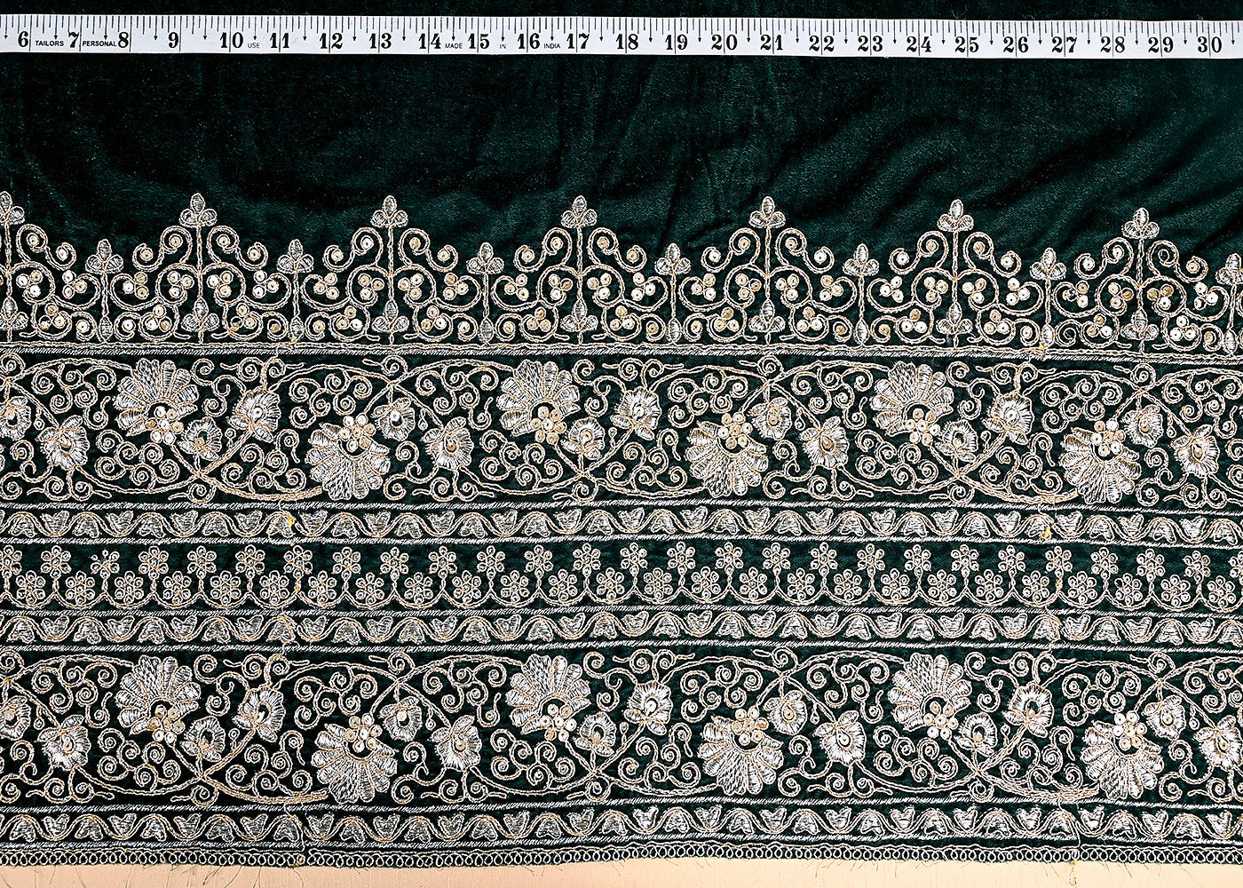 (Pre-Cut 1 MTR) Dark Green Velvet Fabric With One Side Zari And Sequins Border 26180