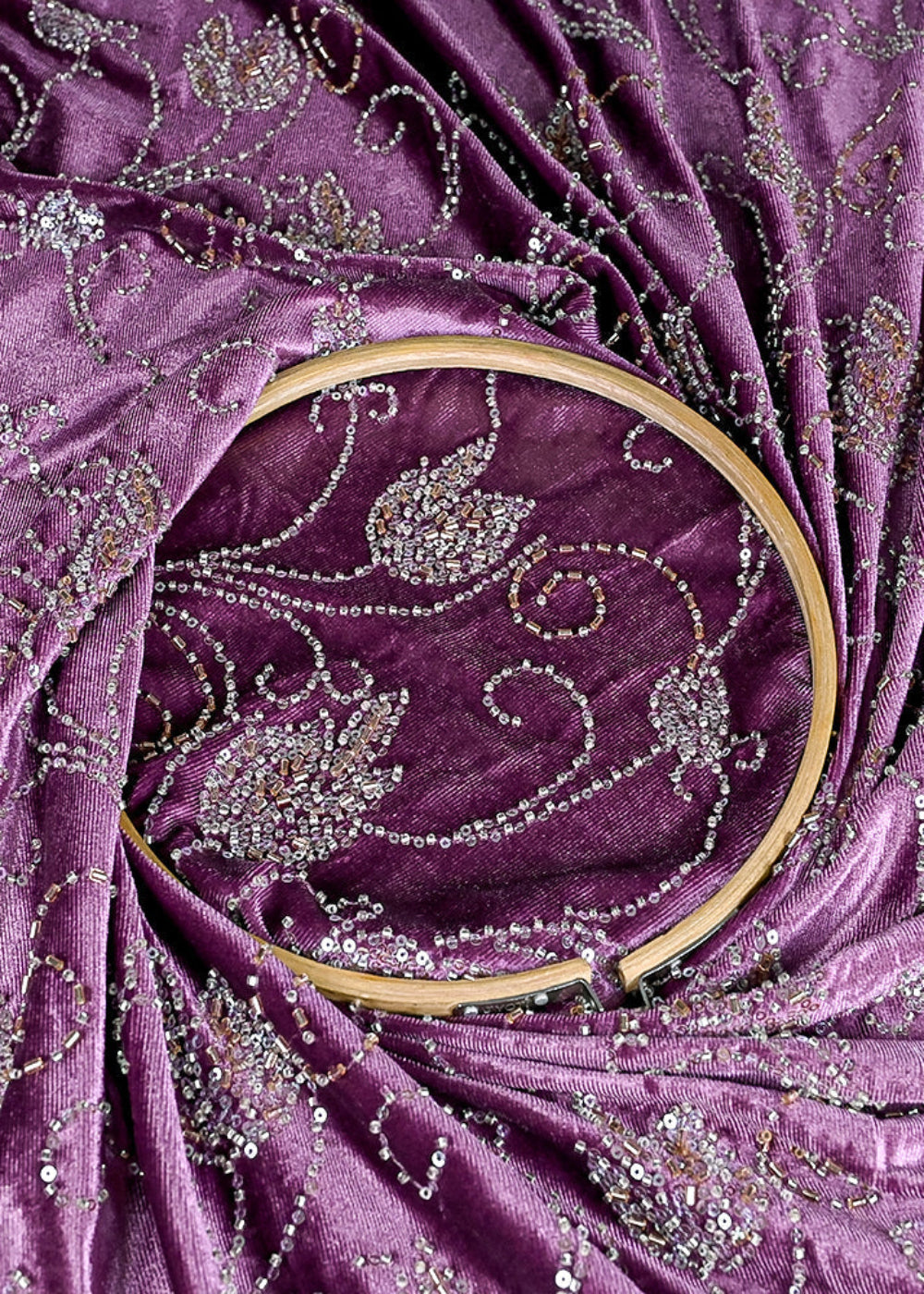 (Pre-Cut 1 MTR) Mauve Velvet Fabric With All Over Katdana, Bead And Sequins With One Side Net Border 26205