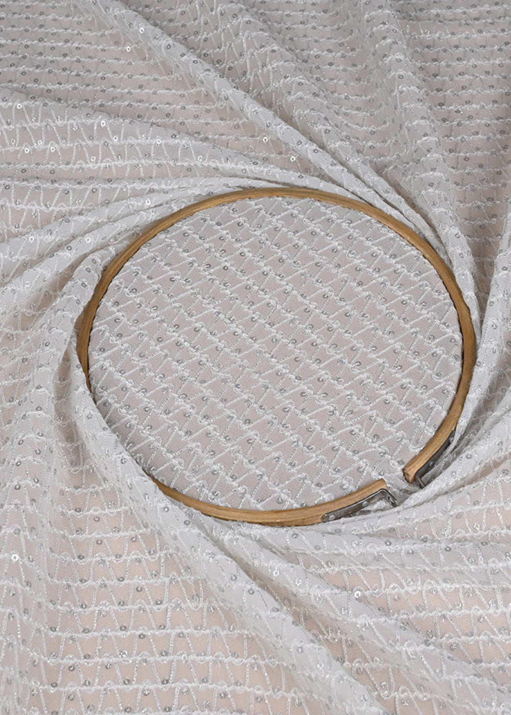 (Pre-Cut 2.1 MTR) White Georgette Fabric With All Over Thread And Sequins Work