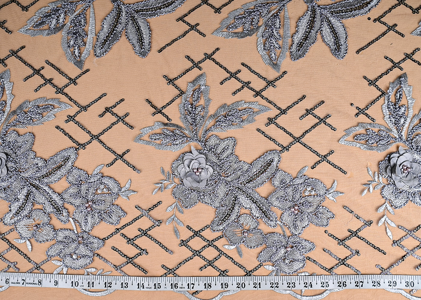 (Pre-Cut 2 MTR) Grey Net Fabric With All Over Sequins , Bead And Applique Work 26281