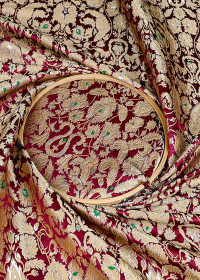 (Pre-Cut 1.9 MTR) Wine Banarasi Brocade Fabric With All Over Zari Handloom 26340
