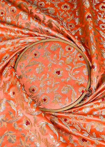 (Pre-Cut 0.8 MTR) Dark Peach Banarasi Brocade Fabric With All Over Zari Handloom 26350