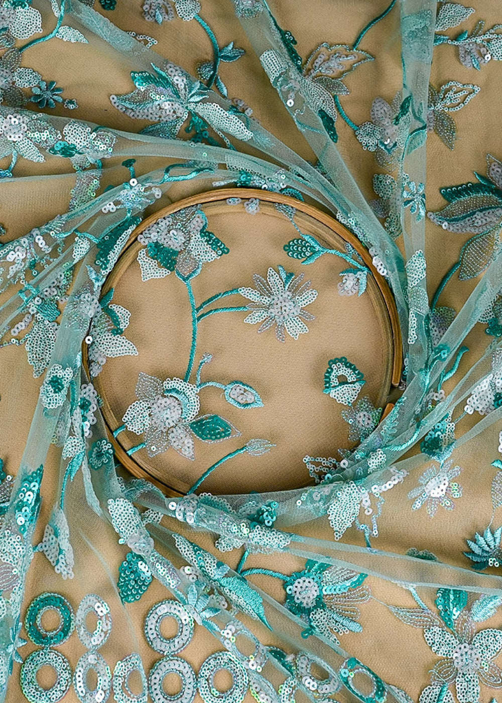 (Pre-Cut 2.5 MTR) Mint Green Net Fabric With All Over Thread And Sequins Work  26361