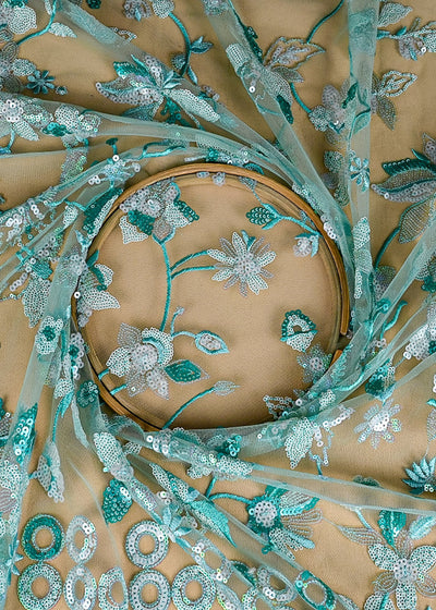 (Pre-Cut 2.5 MTR) Mint Green Net Fabric With All Over Thread And Sequins Work  26361