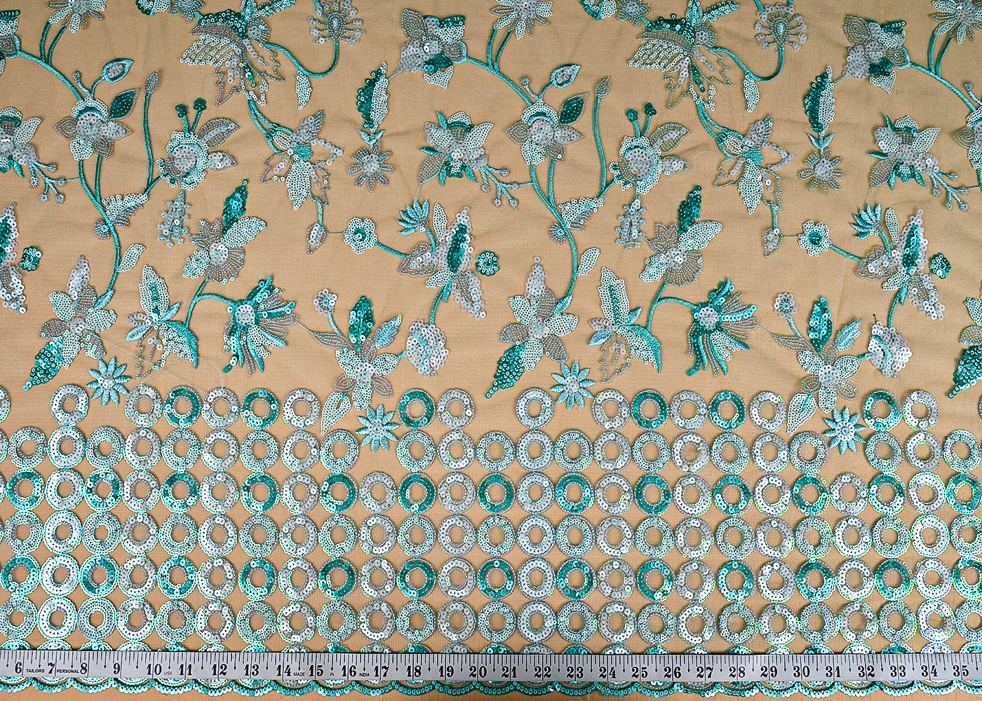 (Pre-Cut 2.5 MTR) Mint Green Net Fabric With All Over Thread And Sequins Work  26361