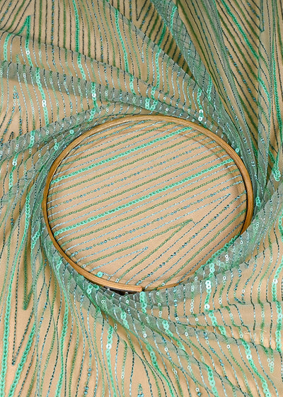 (Pre-Cut 1.8 MTR) Mint Green Net Fabric With All Over Thread And Sequins Work With One Side Border 26364