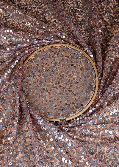(Pre-Cut 2.5 MTR) Peach Net Fabric With All Over Sequins Work 26365