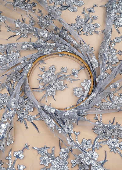 (Pre-Cut 2 MTR) Grey Net Fabric With All Over Thread And Sequins Work  26367