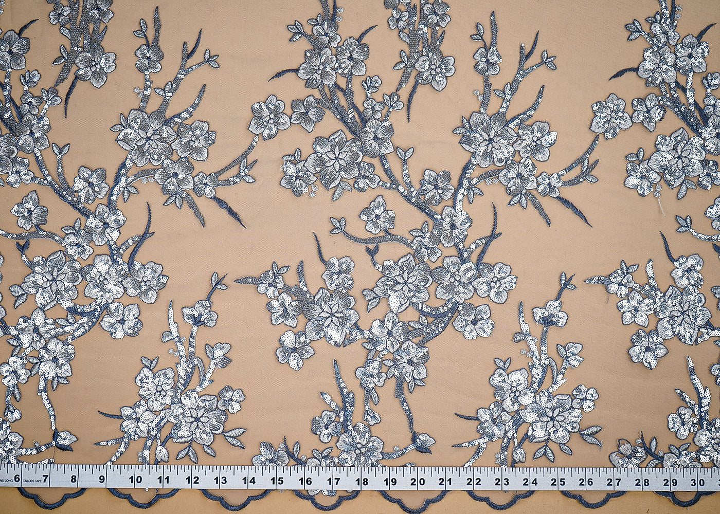 (Pre-Cut 2 MTR) Grey Net Fabric With All Over Thread And Sequins Work  26367