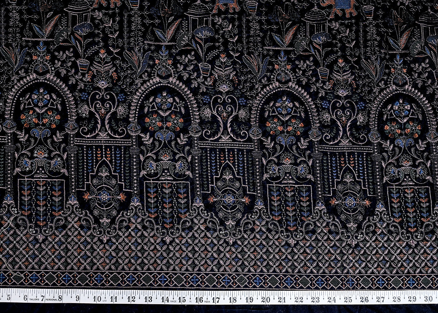 (Pre-Cut 0.85 MTR) Navy Blue Velvet Fabric With All Over Thread And Sequins Work 26369