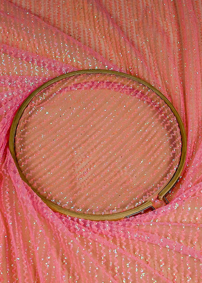 (Pre-Cut 1.6 MTR) Baby Pink Net Fabric With All Over Gliter Work 26370