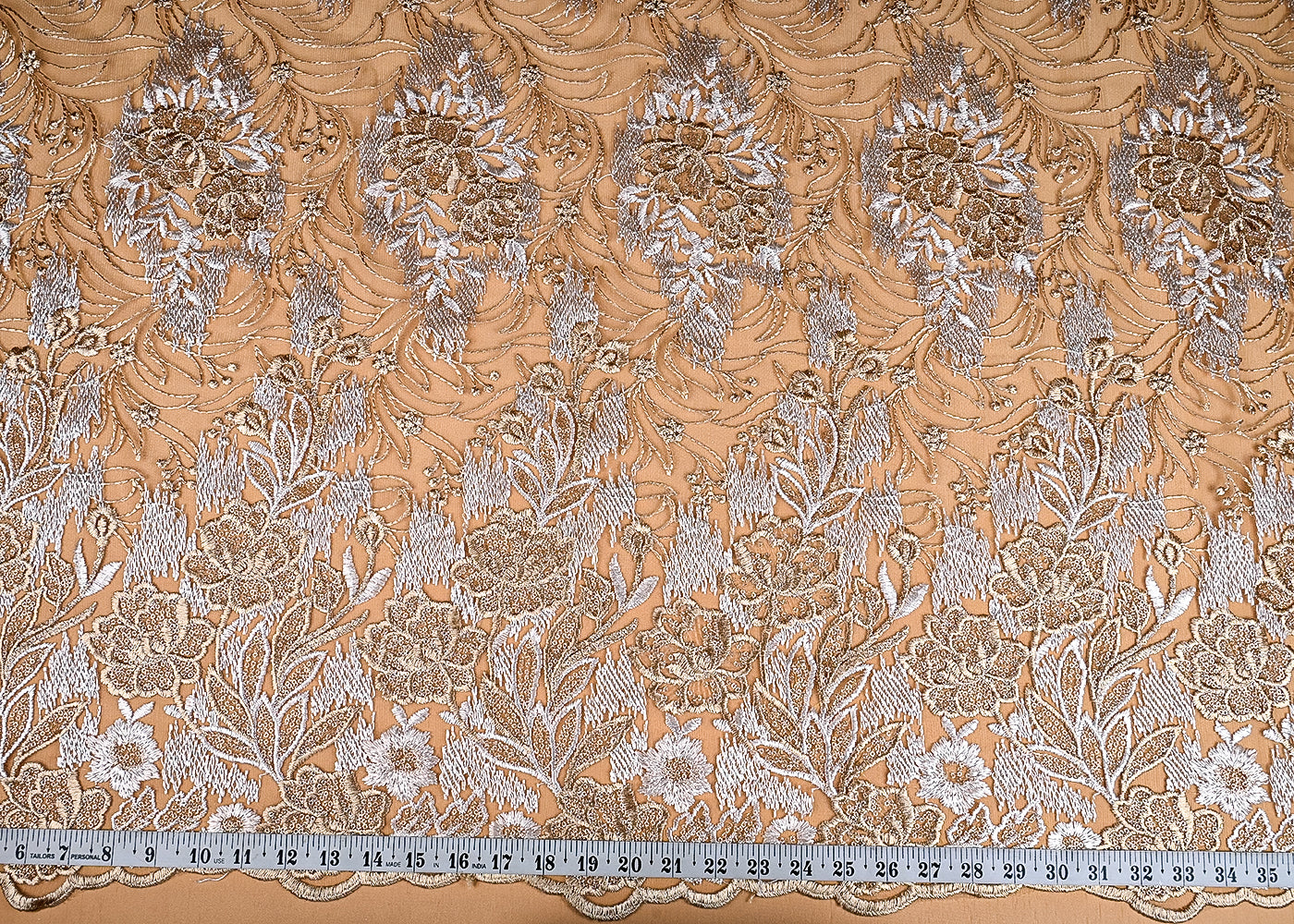 (Pre-Cut 2.25 MTR) Light Golden Net Fabric With All Over Thread And Sequins Work  26372