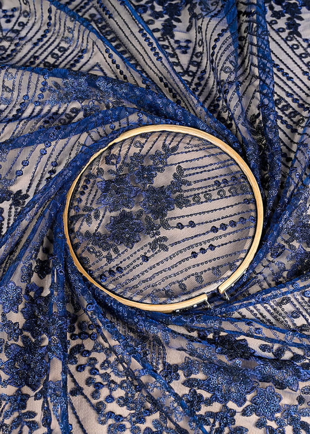(Pre-Cut 2.25 MTR) Navy Blue Net Fabric With All Over Thread And Sequins Work  26376