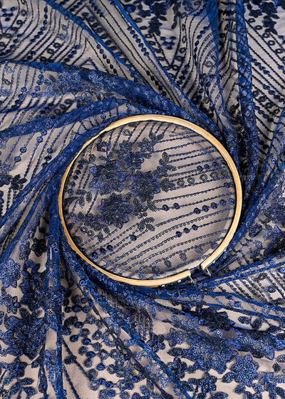 (Pre-Cut 2.25 MTR) Navy Blue Net Fabric With All Over Thread And Sequins Work  26376
