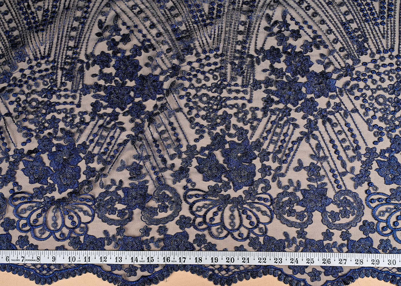 (Pre-Cut 2.25 MTR) Navy Blue Net Fabric With All Over Thread And Sequins Work  26376