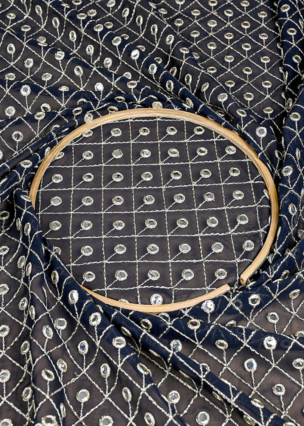 (Pre-Cut 2.5 MTR) Navy Blue Georgette Fabric With All Over Zari And Faux Mirror 26379