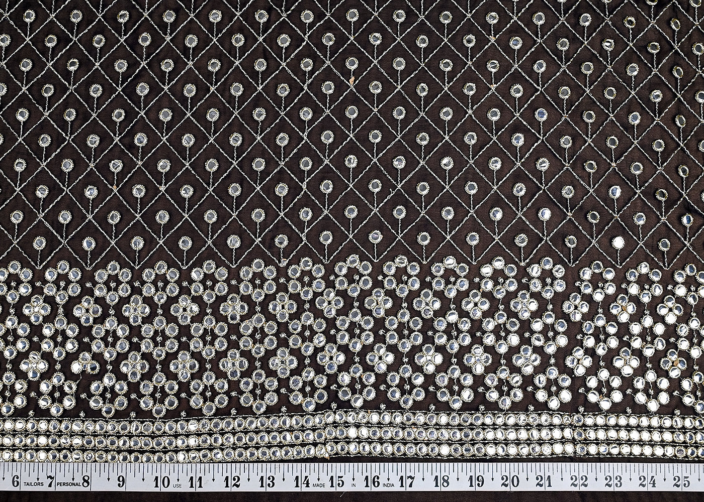 (Pre-Cut 2.5 MTR) Navy Blue Georgette Fabric With All Over Zari And Faux Mirror 26379