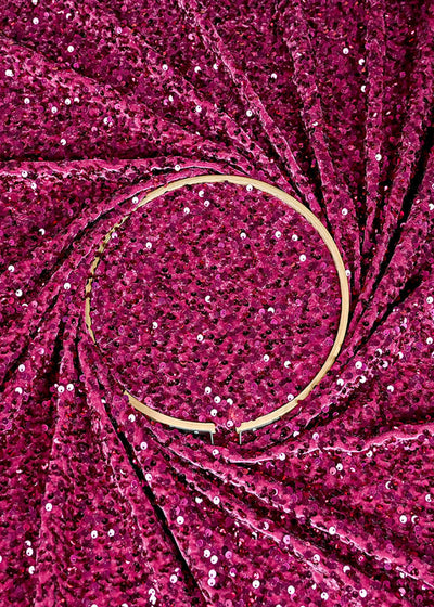 (Pre-Cut 2.8 MTR) Dark Pink Velvet Fabric With All Over Sequins Work 26380